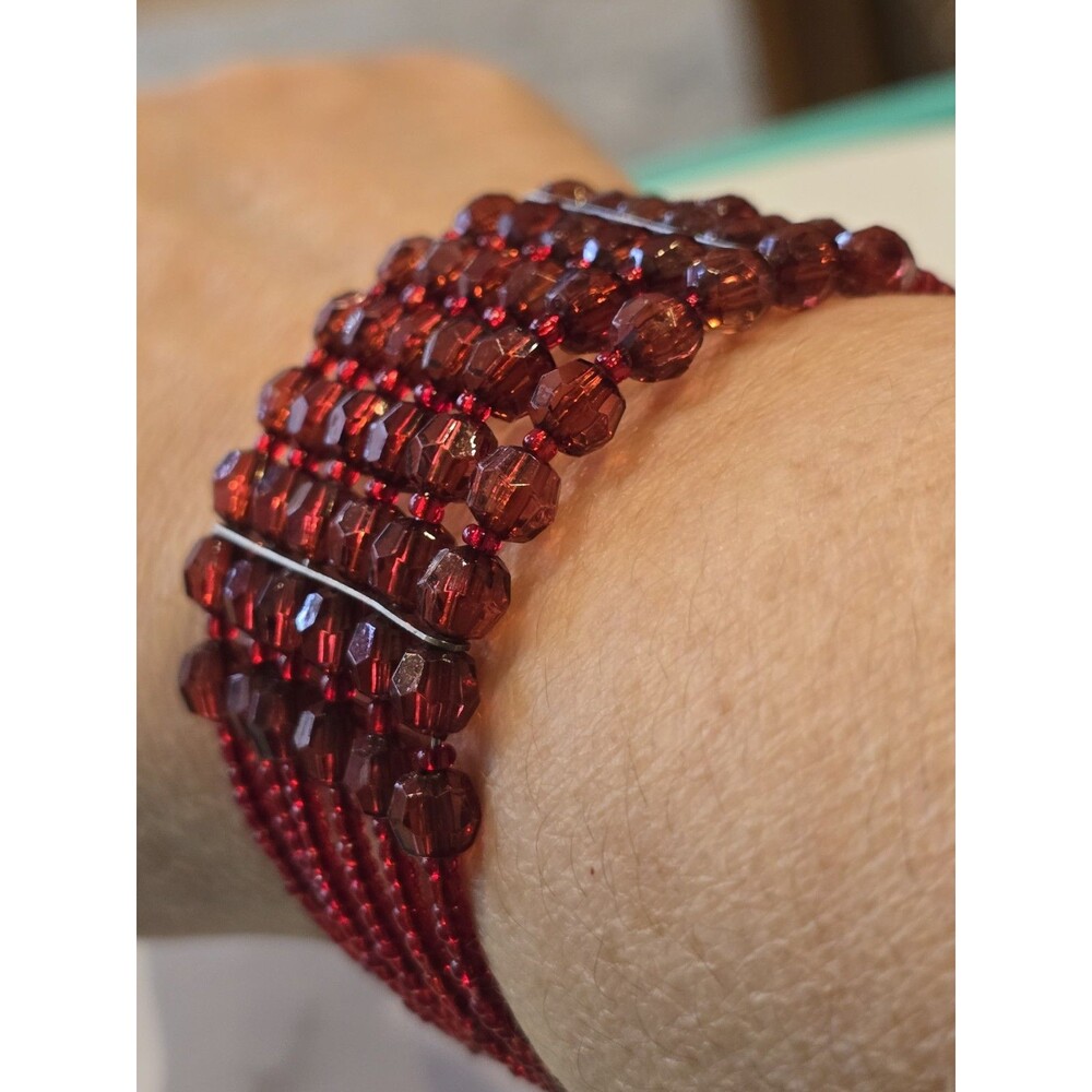 Red Beaded Cuff Bracelet Multi Strand Ruby Red Faceted Beads Statement Jewelry
